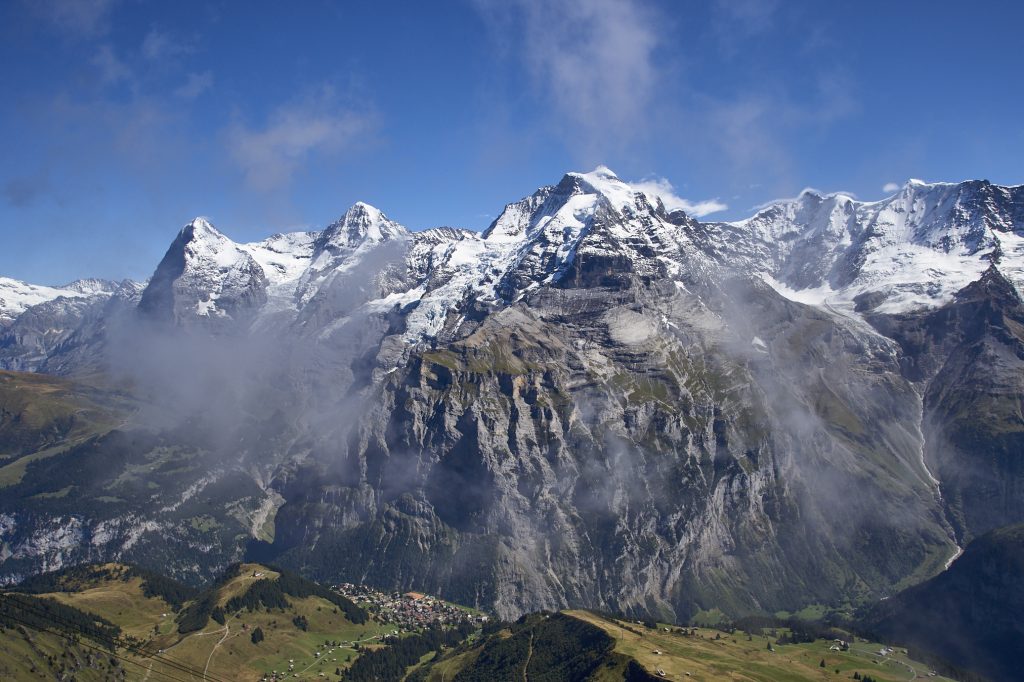 Panoramic view of the Eiger, Mönch and Jungfrau mountain peaks from the Schilthorn